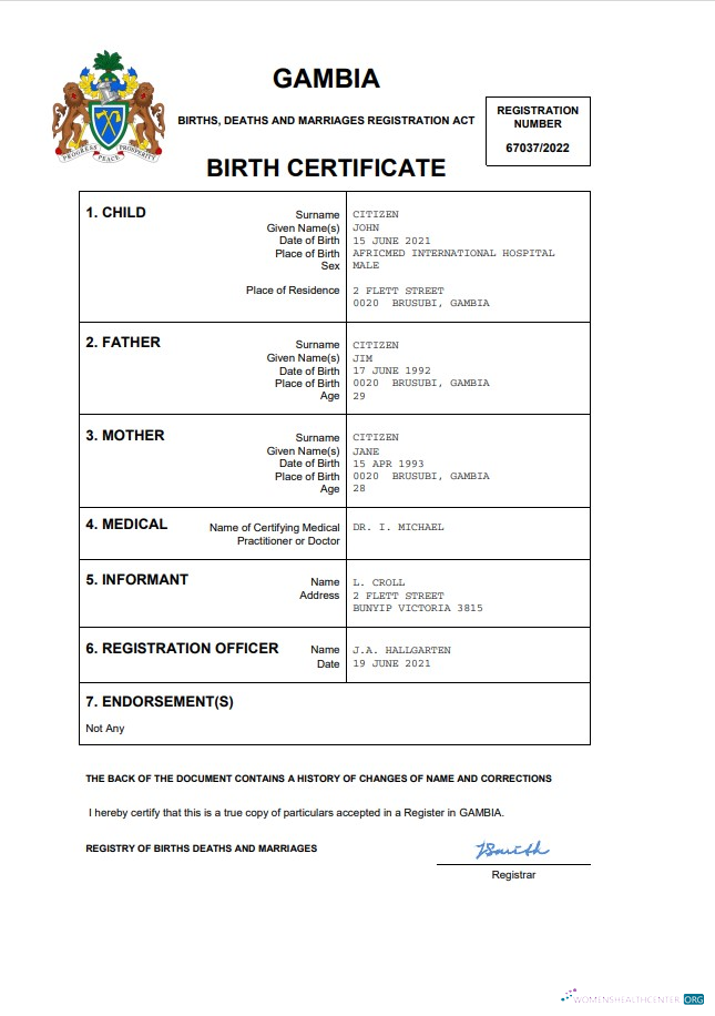 Download Gambia birth certificate Word and PDF template Photoshop template